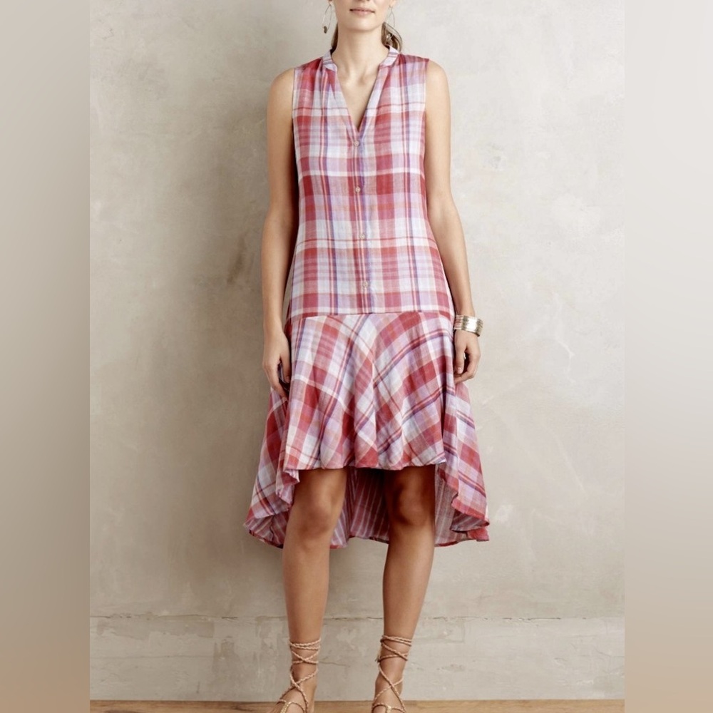 Anthropologie Maeve Dress Ruffle Hi Lo Pink Blue Plaid Cotton Gauzy Dress Size S